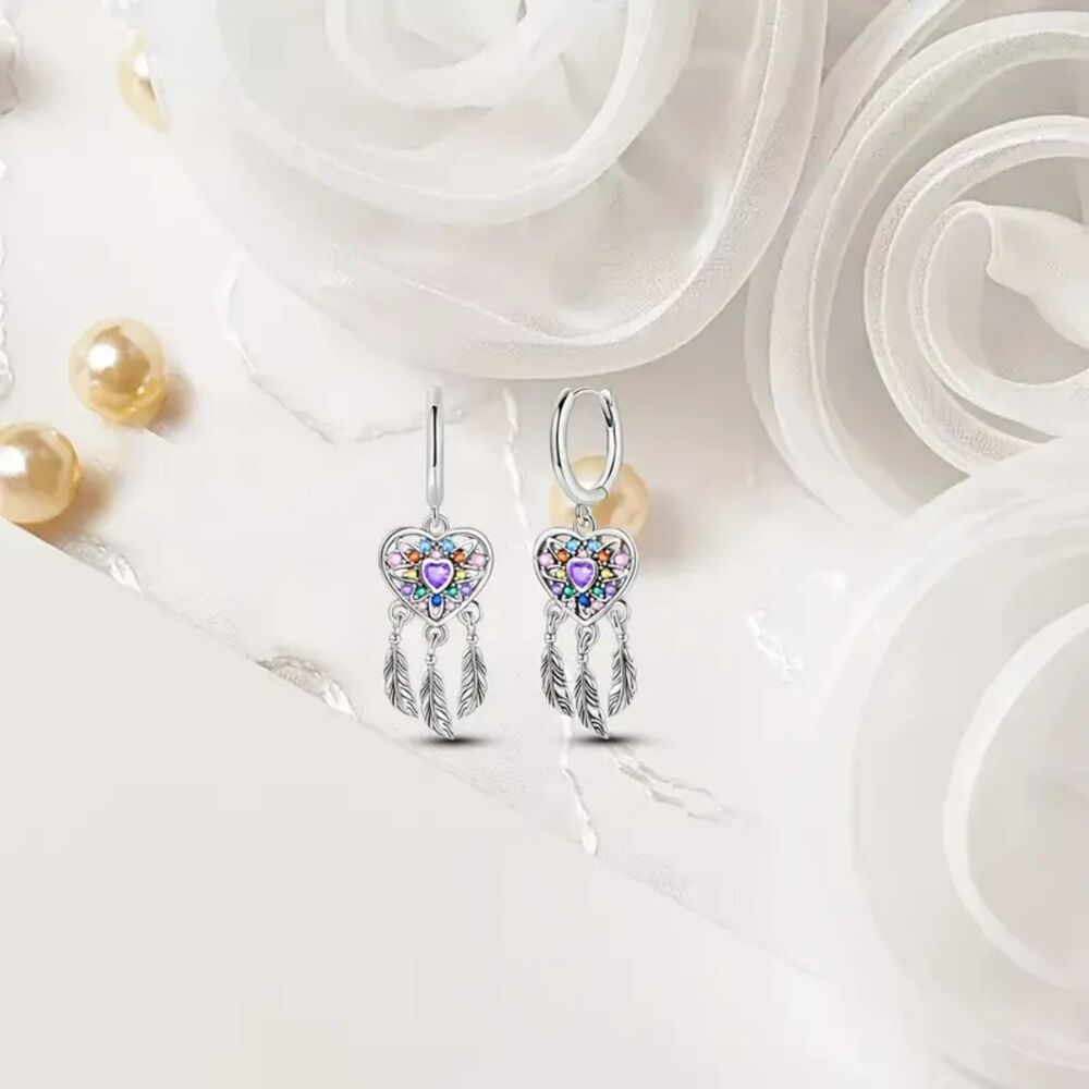Silver Dangle Heart Dreamcatcher Earrings
